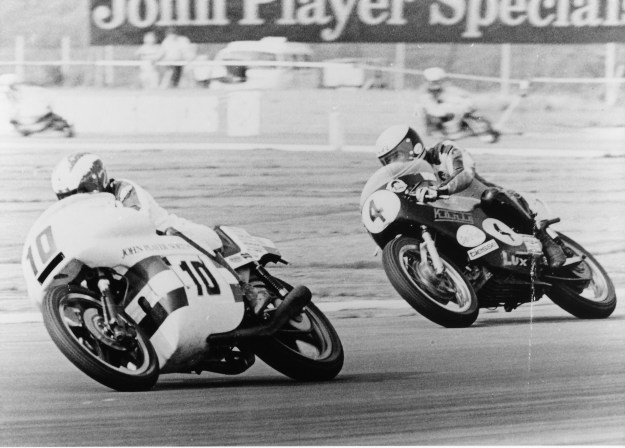 Kim on the 680cc Konig chases John Williams on the Norton F750 racer at Silverstone.